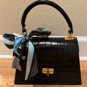 Elegant Black Leather Croc-Embossed Handbag with Scarf Accent